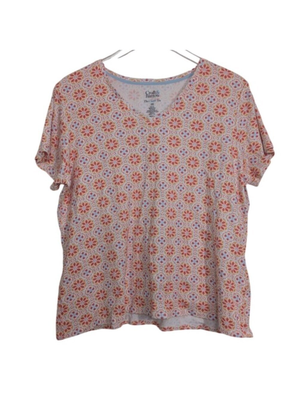 Croft & Barrow Tile Block Classic Tee Womens Size XXL White Orange Floral V Neck